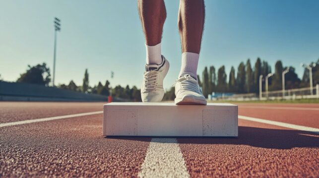 A sprinter's starting block with athlete's feet in position, outdoor track under sunny skies, Determined style