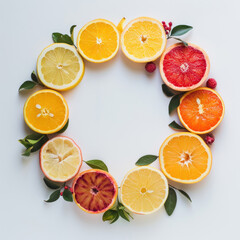 Obraz premium A playful arrangement of colorful sliced fruits such as oranges, lemons, and grapefruit, forming a circular pattern on a clean white background