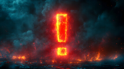 A fiery exclamation mark blazes against a dark, stormy backdrop, a symbol of urgent warning and impending disaster.
