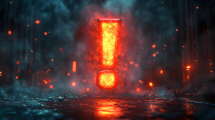 A fiery exclamation mark, a symbol of urgent warning, emerges from the darkness, casting a fiery glow on the urban landscape