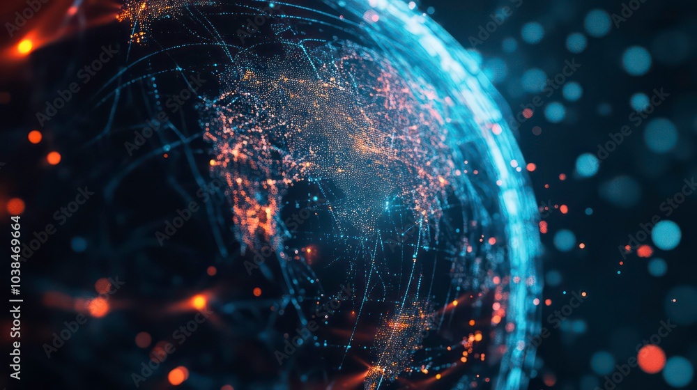 Poster a digital rendering of the earth with glowing lines and dots, highlighting connections across the gl