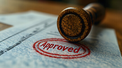 A wooden stamp, bearing the word "Approved" in bold red ink, rests on a document. The image symbolizes acceptance, agreement, and official sanction.
