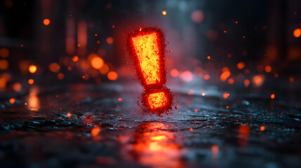 A fiery exclamation mark, composed of glowing embers, floats above a dark, urban landscape, warning of impending danger.
