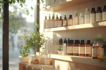 Shelves of natural skincare products in a wellness store