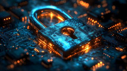 A glowing padlock rests on a circuit board, symbolizing the importance of cybersecurity and data protection in the digital age