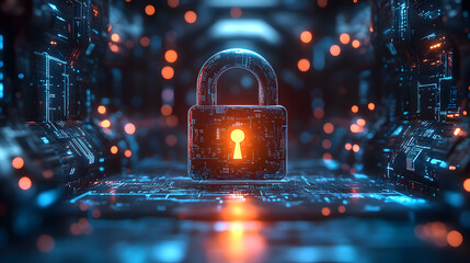 A glowing padlock stands sentinel within a digital network, symbolizing the importance of cybersecurity and data protection in the digital age.