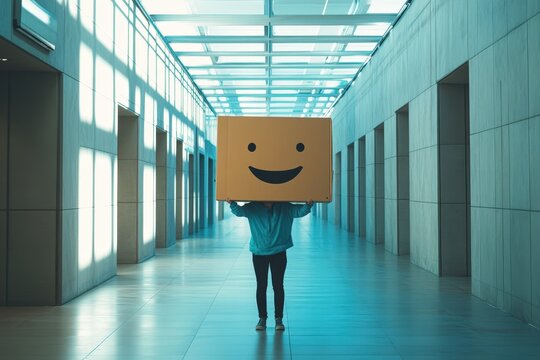 person with a smiling cardboard box head walking in a hallway