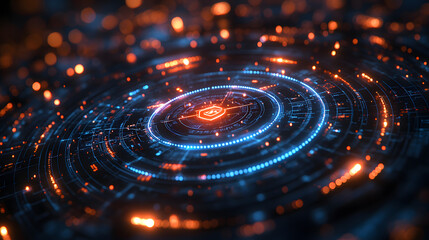 A glowing digital interface, featuring a circular shield surrounded by intricate circuits and data streams. The image symbolizes security, protection, and the safeguarding of digital information.