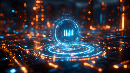 A glowing digital interface, displaying data visualizations and circuit board patterns. The image symbolizes the intersection of technology and information, with the vibrant colors