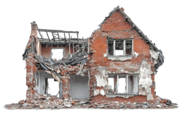 Collapsed Building with Rubble and Debris on Transparent Background