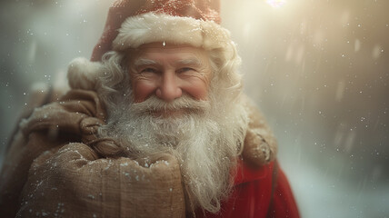 Santa Claus sitting.  Xmas. Happy New Year. Holiday greetings card. Merry Christmas. Christmas spirit, festive mood..