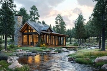 Obraz premium Cozy wooden cabin by a mountain stream