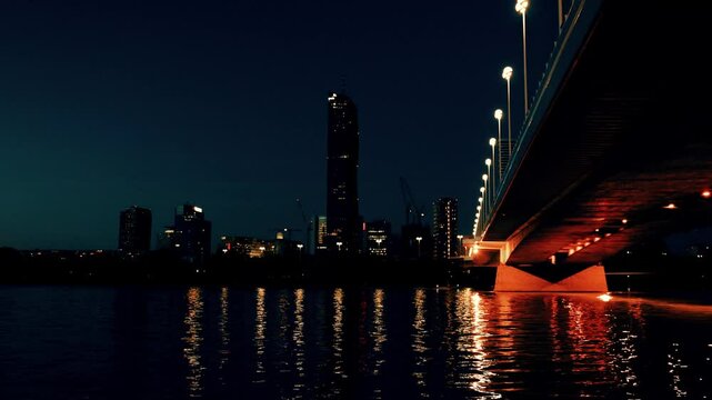 Vienna Austria new skyline district. Dynamic urban development with new skyscrapers with different architectures located in front of the Danube and the Reichsbr&uuml;cke bridge panoramic view