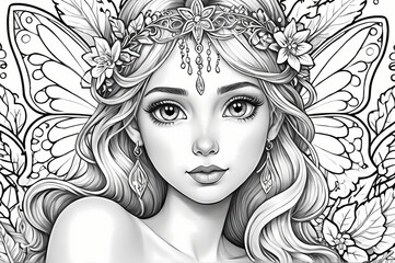 Fairy Tales: A coloring book illustration of a mischievous fairy with delicate wings and a playful smile