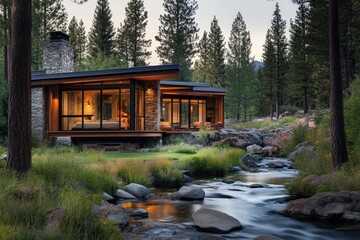Obraz premium cozy cabin in the woods by a stream