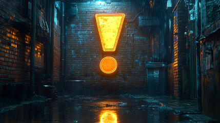 A glowing yellow exclamation mark illuminates a dark, rain-soaked alleyway, casting a mysterious and ominous glow.