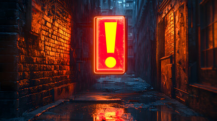 A glowing red exclamation mark sign hovers in a dark, rainy alleyway, creating an eerie and unsettling atmosphere.