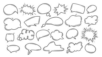 Speech bubbles line icons set. Hand drawn retro blank balloons of conversation and thoughts in different shapes, Communication mascots, outline speech clouds icons collection vector illustration