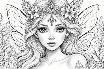 Fairy Tales: A coloring book illustration of a mischievous fairy with delicate wings and a playful smile