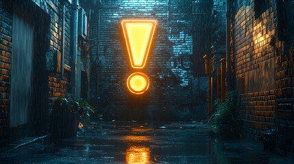 A glowing yellow exclamation mark illuminates a dark, rain-soaked alleyway, casting a mysterious and ominous glow.
