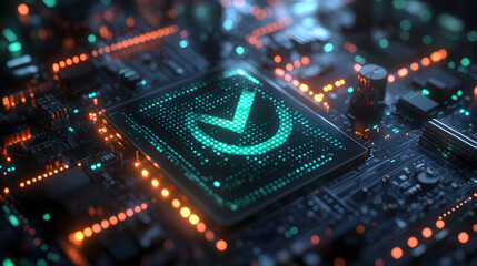 A glowing green checkmark, embedded within a microchip, surrounded by intricate circuits and LED lights. The image symbolizes the power of technology and its ability to verify and validate information