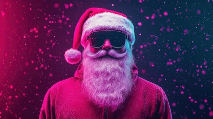 Fototapeta premium A stylish Santa Claus in sunglasses stands against a colorful, snowy backdrop, embodying a modern twist on a holiday classic.