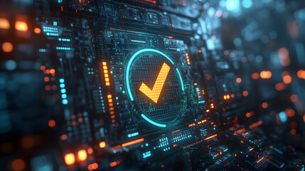 A glowing orange checkmark, surrounded by a digital interface and circuit boards, appears on a futuristic screen. The image symbolizes security, verification, and the successful completion of a task