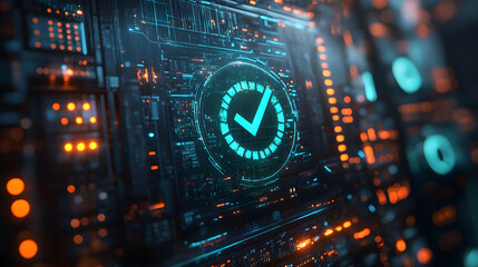 A glowing green checkmark, surrounded by a circular interface and digital circuits, appears on a futuristic screen. The image symbolizes security, verification, and the successful completion of a task
