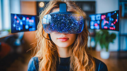 Woman wearing futuristic VR headset is immersed in digital world, surrounded by holographic data and interfaces. Essence of modern technology and limitless potential of virtual reality