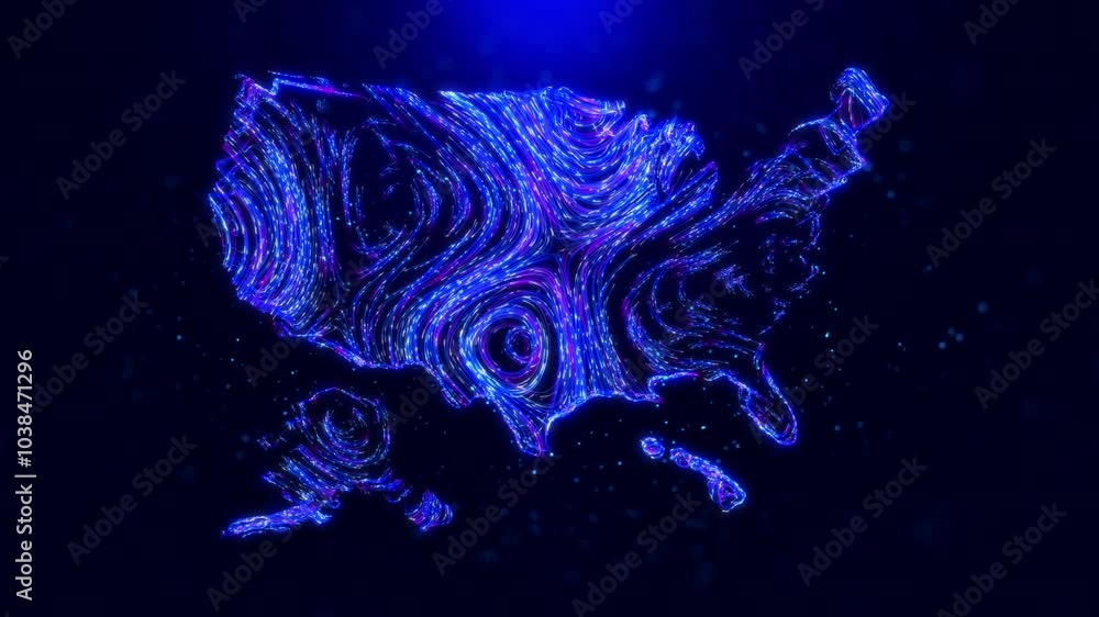 Poster abstract motion view america map design, featuring glowing blue hairlines, dynamic flowing patterns,