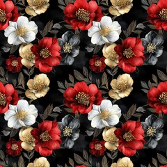 Richly colored blossoms paired with gold-tinged foliage on a dark background