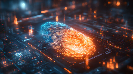 A glowing digital fingerprint, embedded within a complex circuit board, symbolizes the unique identity and security of the digital age. 