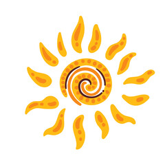 African cartoon hot sun of tribal pattern. Funny element of ethnic ornament in Africa. African culture, tribe decoration mascot, cartoon sun with spiral shape and sunshine rays vector illustration