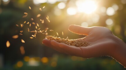 Saatgut in der Hand bei Sonnenuntergang