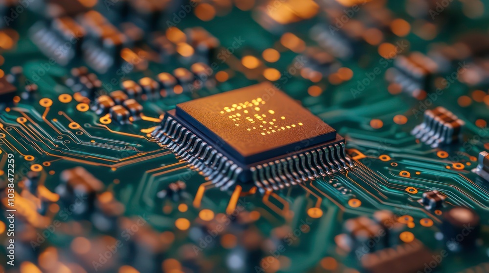 Poster close-up of a microchip on a green circuit board with golden tracks.