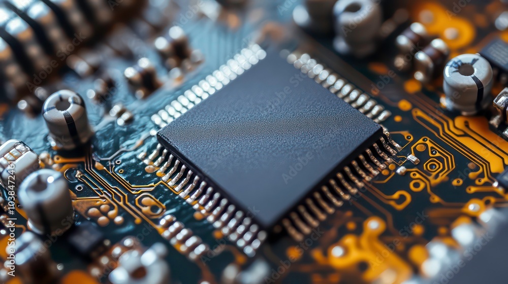 Aufkleber close-up of a microchip on a circuit board.
