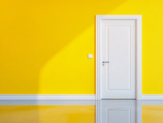 Naklejka premium A bright yellow wall featuring a closed white door, creating a vibrant and modern aesthetic in interior design.