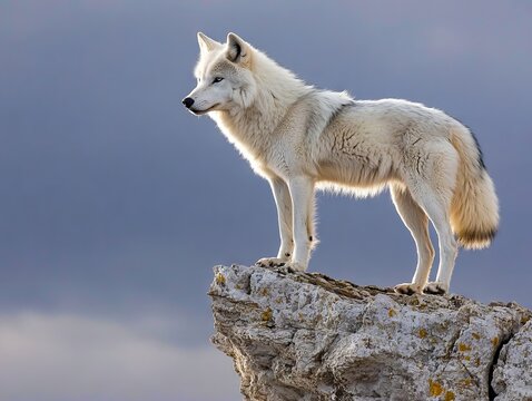 A white wolf standing on top of a rock