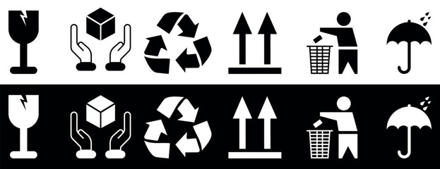 Collection of Packaging care symbols. Packaging cargo icon. Caution signs for package this side up, handle with care, fragile, keep dry and other symbols. Used on the box or packaging.