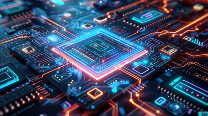 Obraz premium Abstract digital circuits with neon elements, tech background, modern network