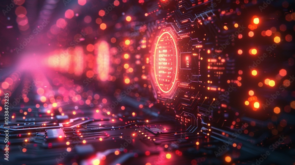 Poster abstract digital circuitry with glowing elements in a futuristic design.