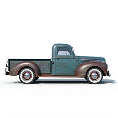 Fototapeta premium 1940s pickup truck isolated on white background, A weathered blue-green vintage pickup truck with visible rust and white-wall tires, viewed from the side, isolated on a white background