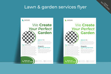 Flyer design template for lawn and gardening services. Design of a poster leaflet for gardening and tree services. Template for lawnmower flyers