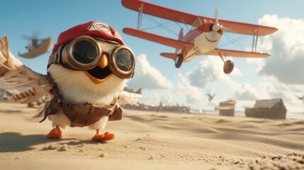 Cute cartoon bird in pilot gear with biplane