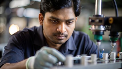 Assembly Line Worker - Portrait of an Indian man assembling parts on a production line.
