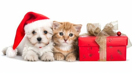  Festive Christmas scene featuring pet wearing Santa hats, playfully interacting with a red gift box, isolated on a pristine white background.