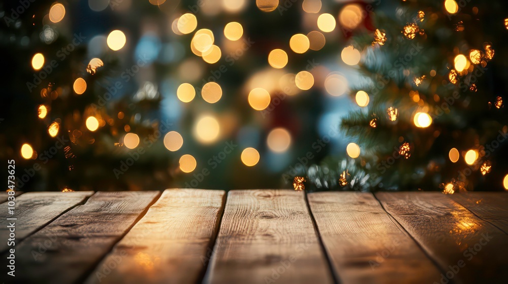 Poster A rustic wooden table with a blurred background of a Christmas tree with lights.