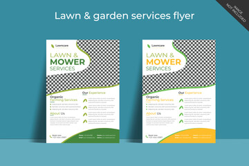 Flyer design template for lawn and gardening services. Design of a poster leaflet for gardening and tree services. Template for lawnmower flyers