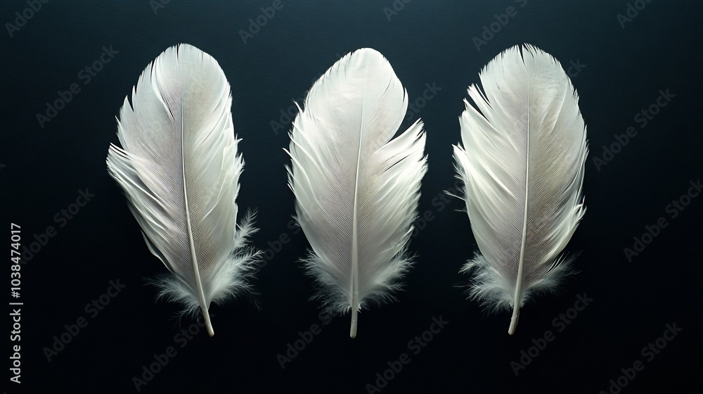 Poster three delicate white feathers gently floating isolation against a deep black background their soft t