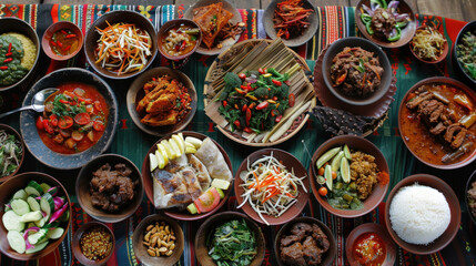 A table filled with a diverse spread of traditional dishes from different cultures, each plate representing a unique culinary tradition.